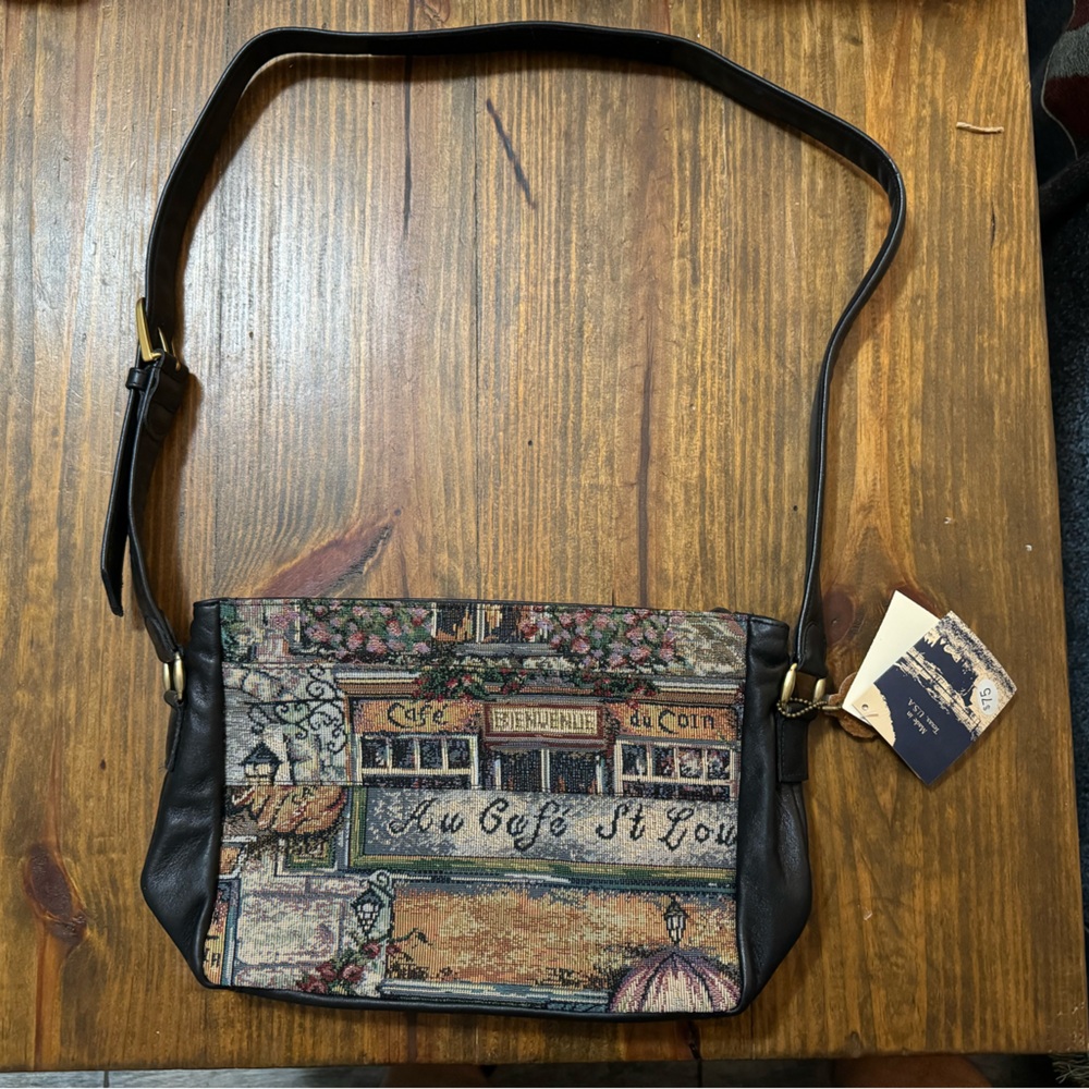 NEW Women's Vintage Crossbody Bag Purse Dawn Tapestry Bistro Black Leather SAS